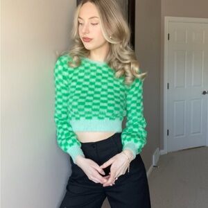 Zara fuzzy knit checkered green sweater